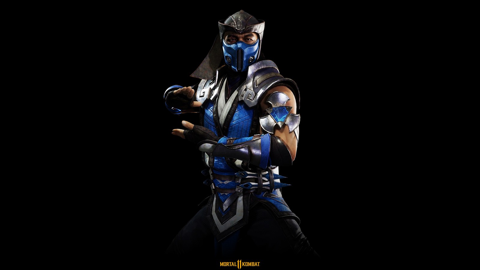 Un primer plano de una persona en un traje azul sosteniendo una espada (sub zero, mortal kombat 11, videojuego)