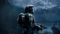 Epic Halo Warrior in a Rain-Soaked Battlefield