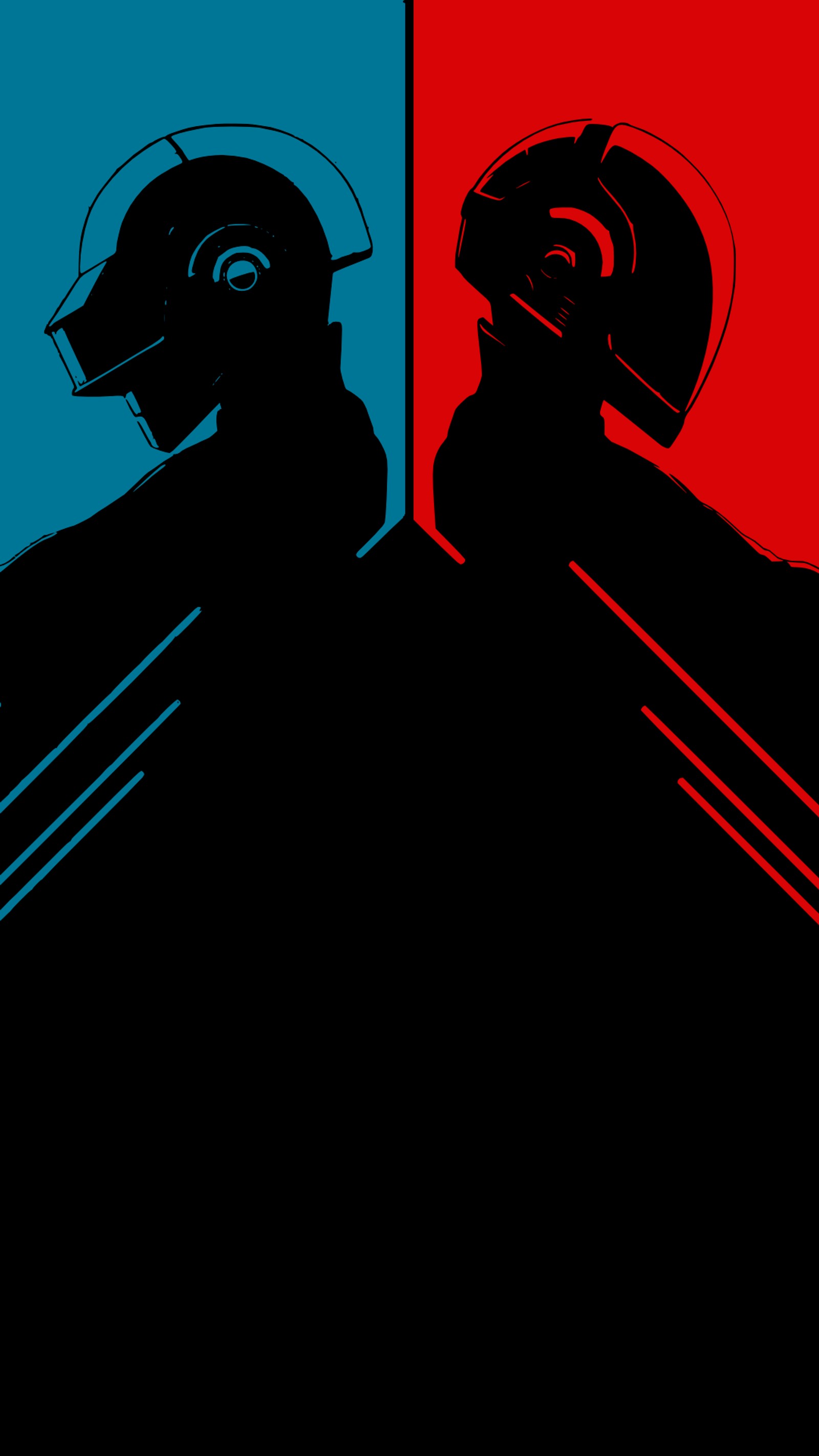 There are two helmets on the same side of a red and blue background (daft punk, poster, electronic dance music, electronic music, sleeve)