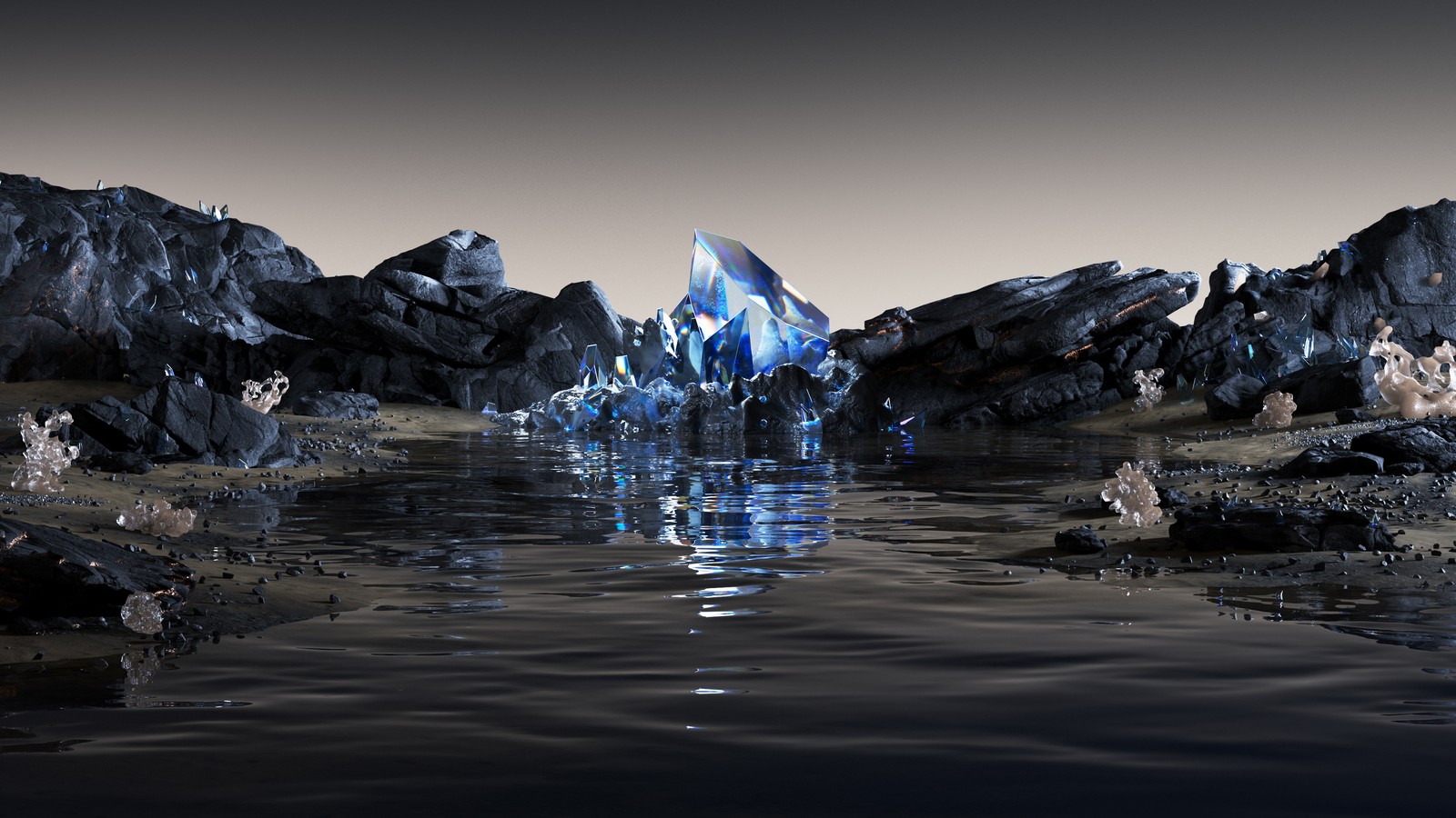 midnight blue, landscape, surreal, crystal, body of water wallpaper