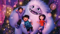 A colorful scene featuring a friendly yeti surrounded by two children, set against a magical backdrop of glowing flowers.