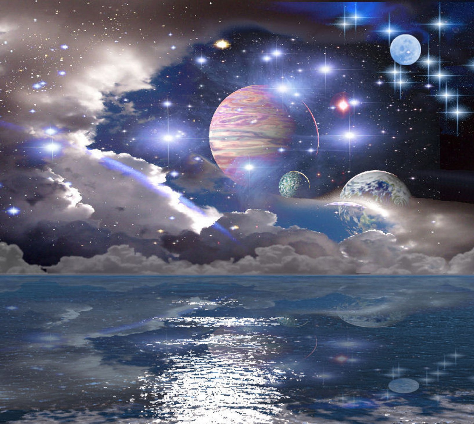 A view of a space scene with planets and stars in the sky (abstrect, cute)