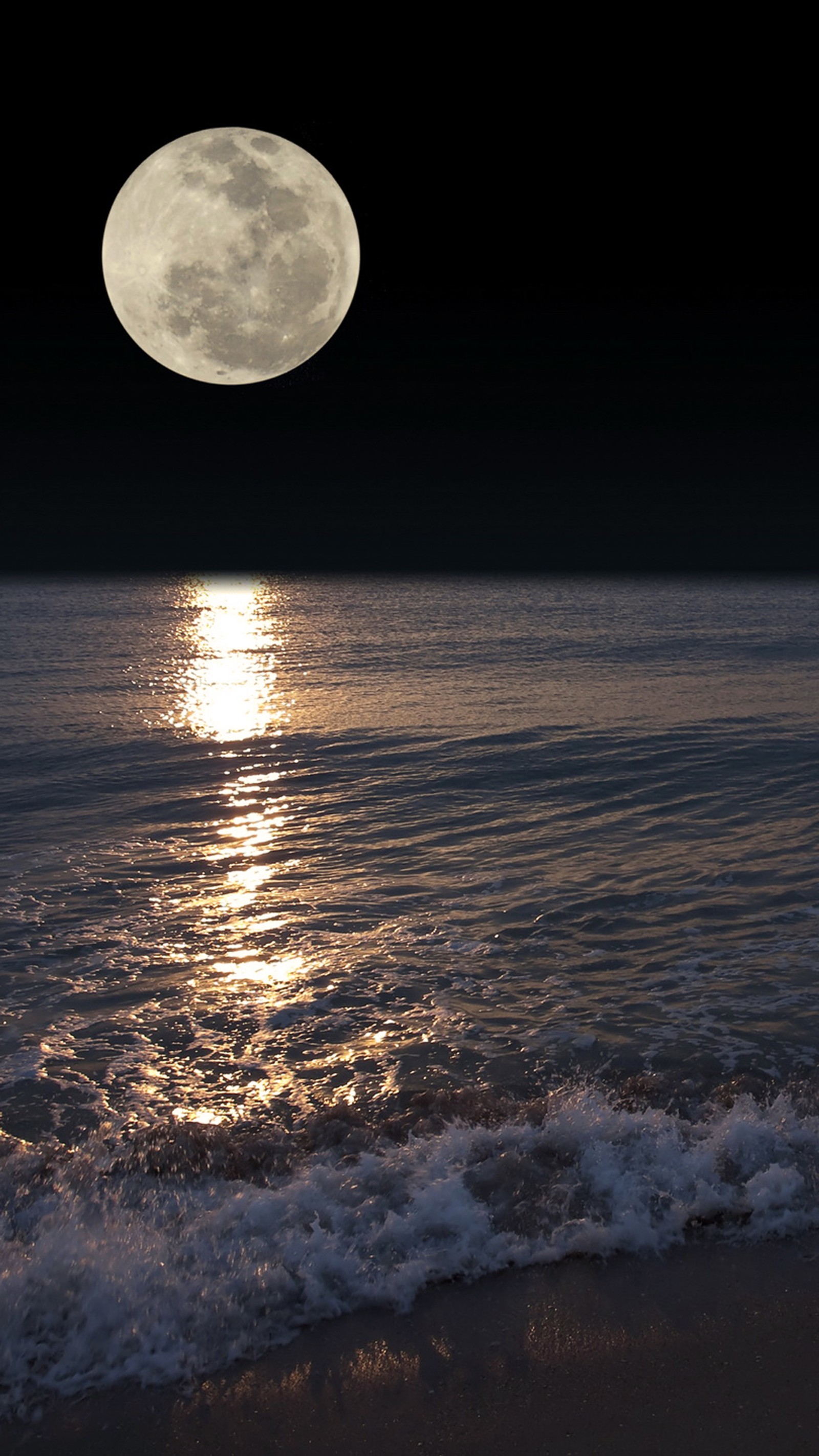 Arafed view of a full moon over the ocean with waves (dark, moon, night, sea, water)