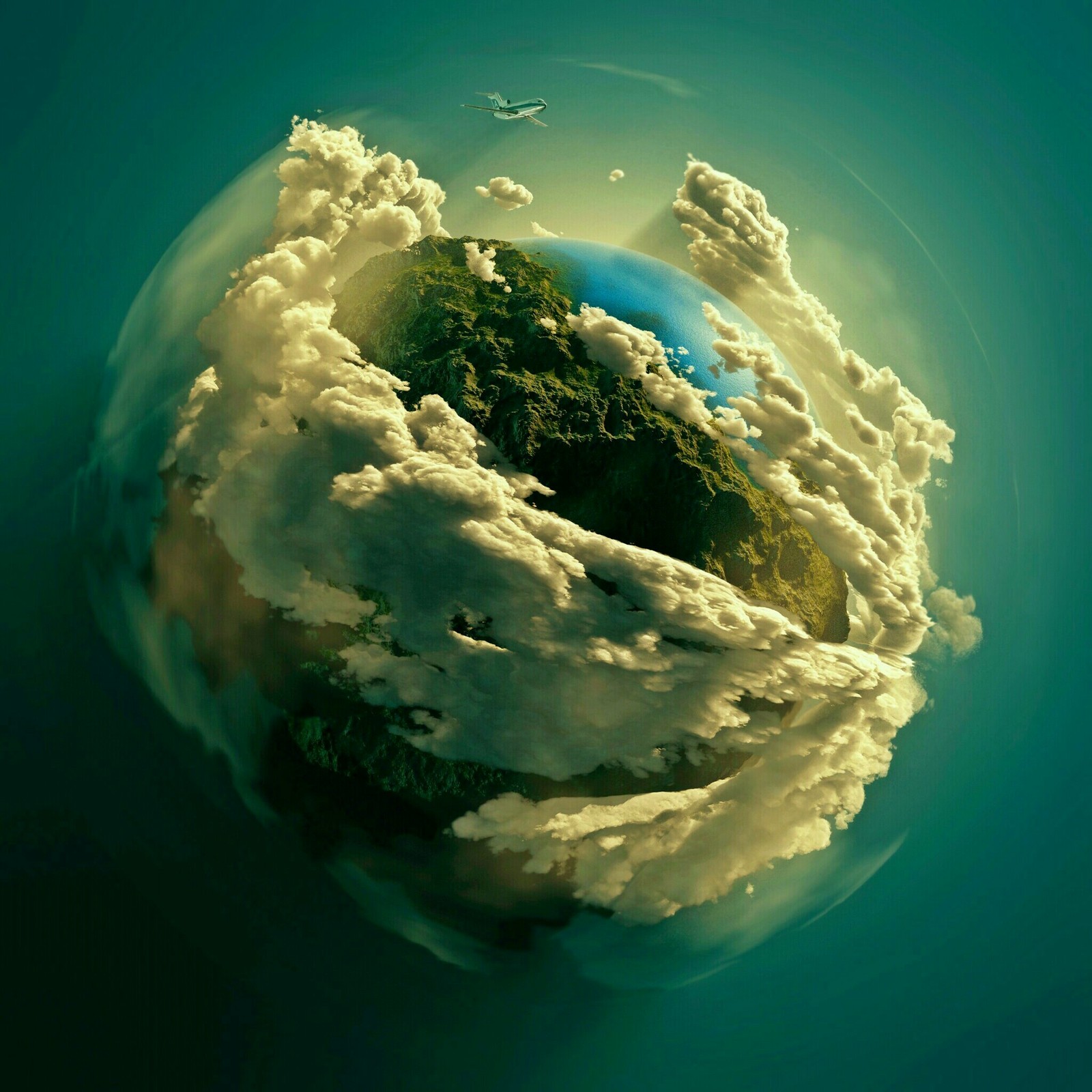 A view of a small planet with clouds and a plane flying in the sky (clouds, earth, planet, sky)