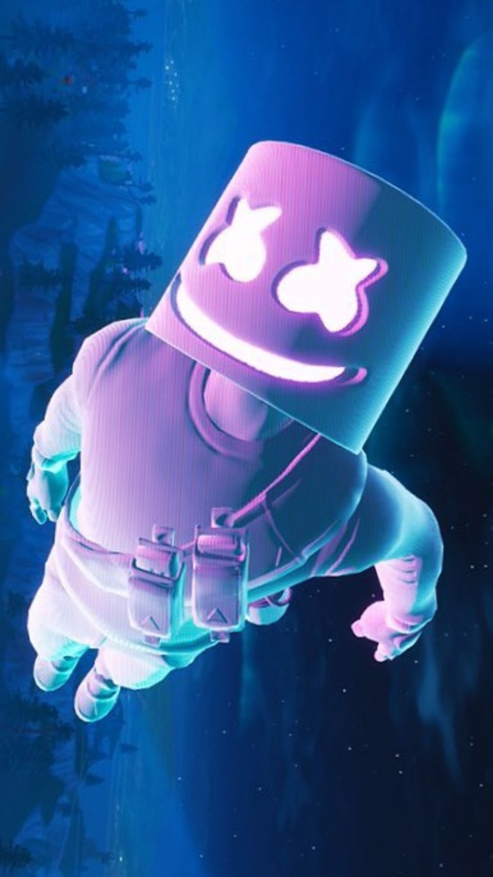 Un gros plan d'une personne flottant dans les airs avec un marshmallow sur la tête (battle royale, concierto, epic games, fortnite, free fire)