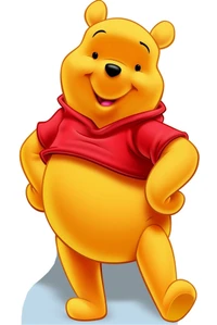 Winnie the Pooh sorrindo alegremente em uma camisa vermelha