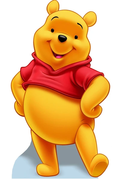 Winnie l'Ourson souriant joyeusement dans une chemise rouge