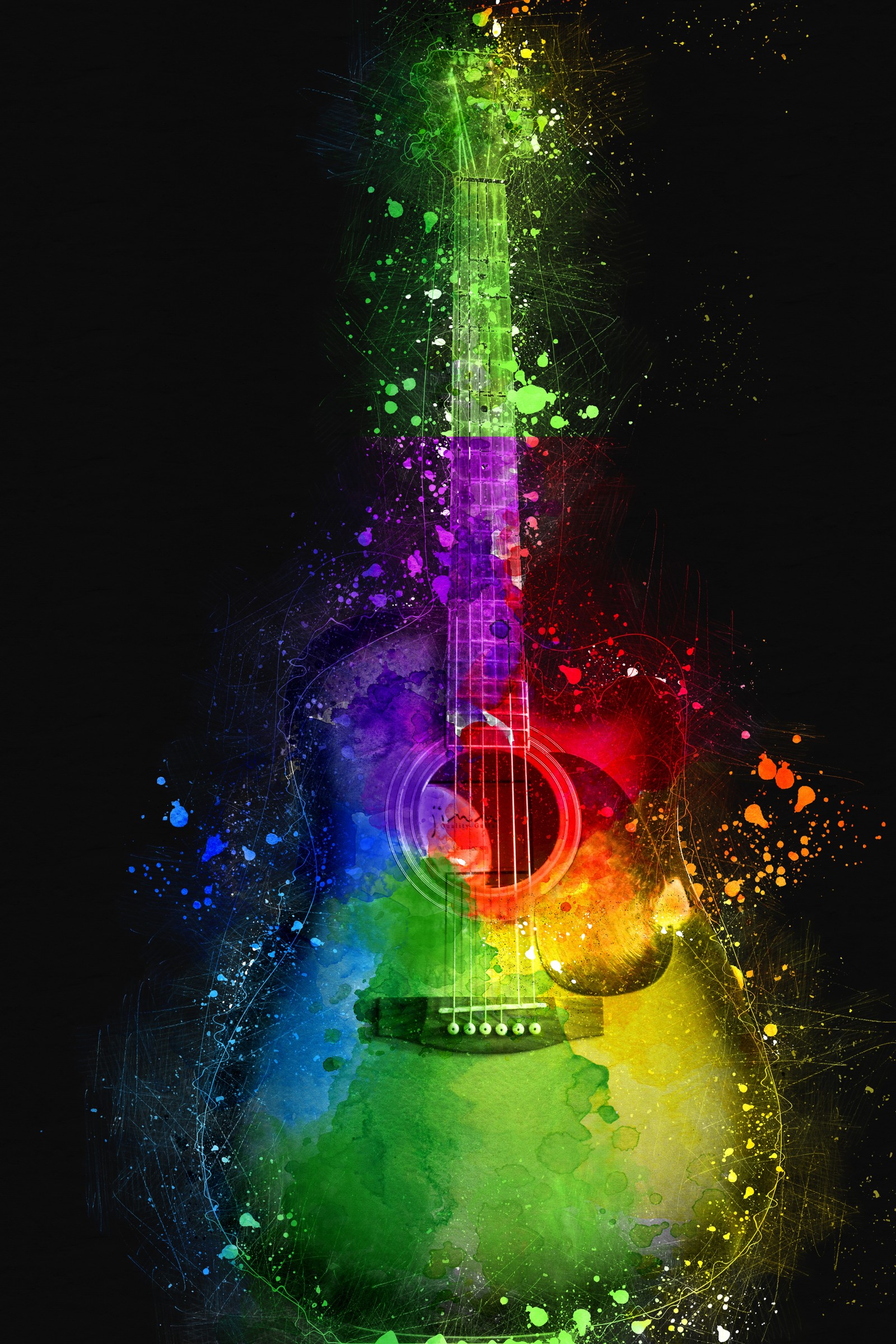 Violão colorido com uma chuva de tinta colorida (4k, cores, fulhd, hd, nebulosa)