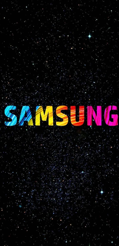 Logo colorido de "Samsung" contra un fondo estrellado.