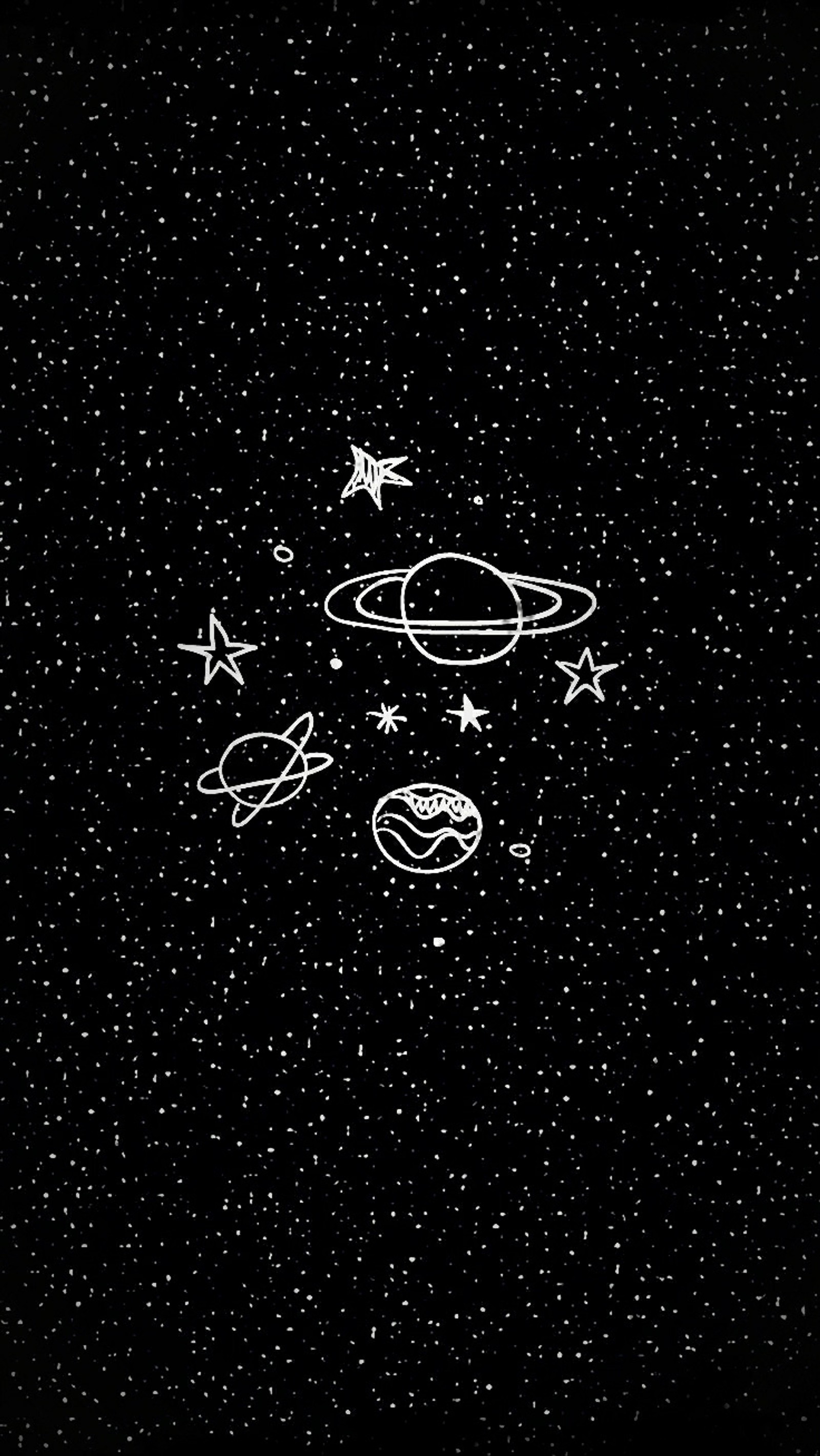 A black and white photo of a space scene with stars and planets (black aesthetic, space)