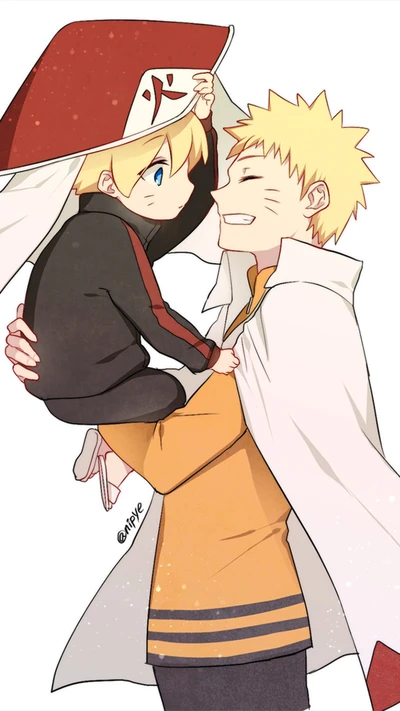 Naruto segurando alegremente Boruto sob seu manto