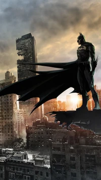 Batman overlooks a sprawling, dystopian cityscape at dusk, with his cape billowing and a silhouette of a bat companion by his side.