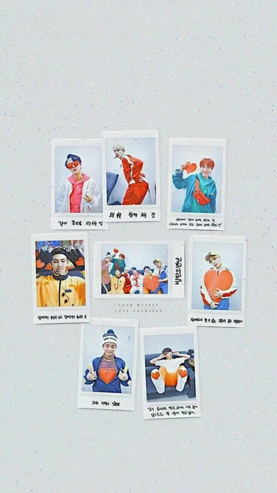 Lebendige Polaroid-Momente von BTS in bunten Outfits