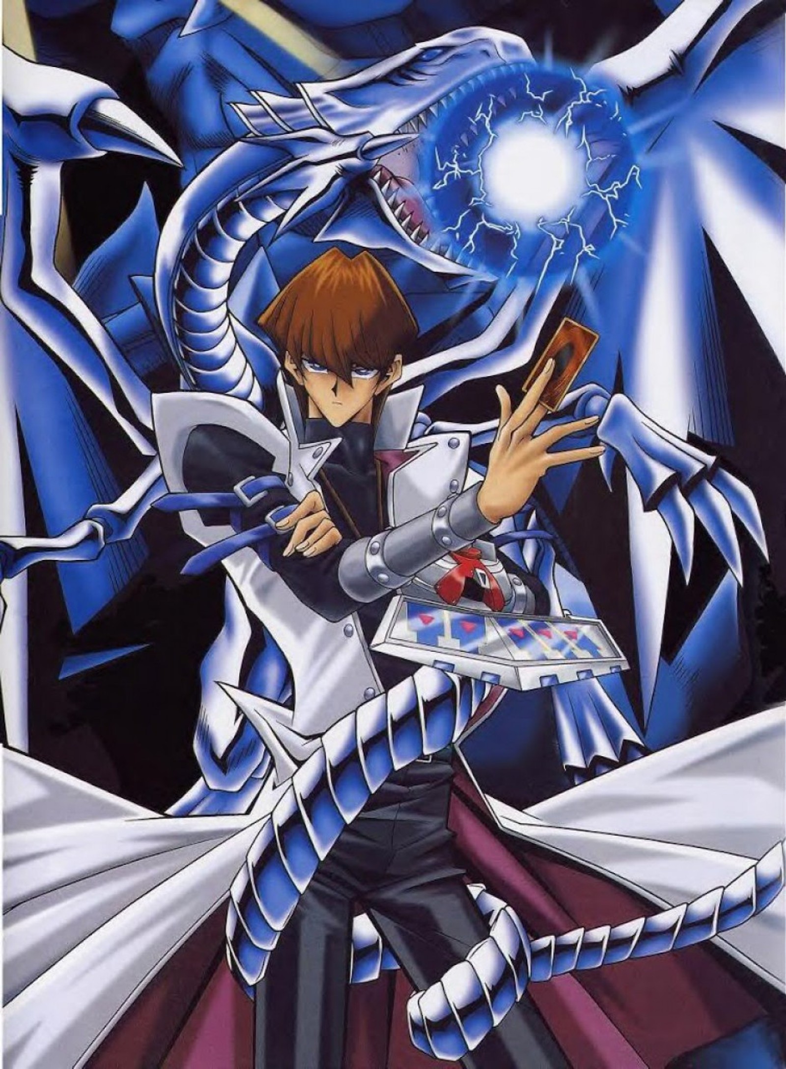 A cartoon picture of a man holding a sword and a sword (drago bianco occhi blu, kaiba, yu gi oh, yugioh)