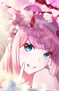 Zero Two Smiling Amidst Cherry Blossoms