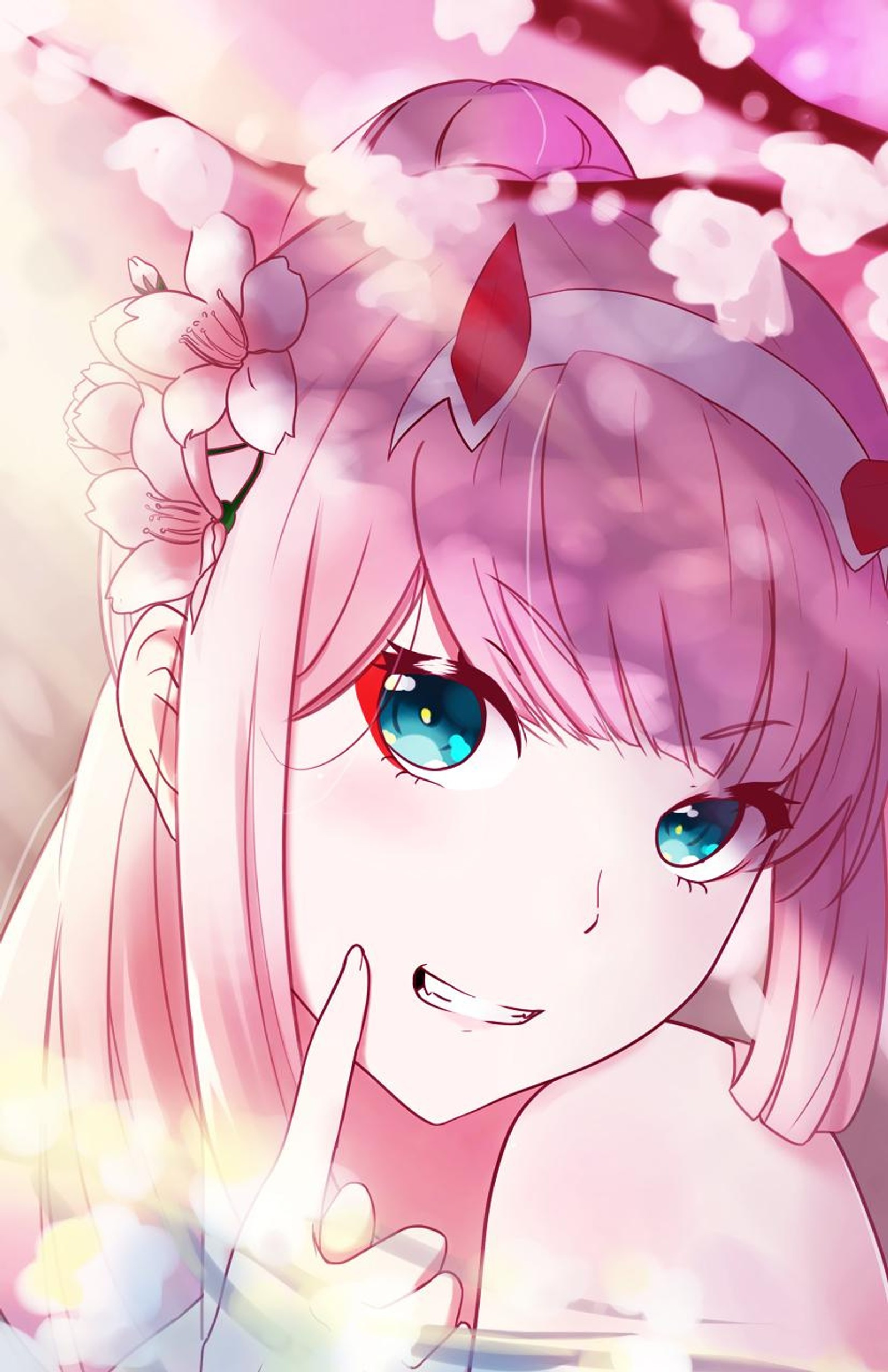 Anime girl with pink hair and horns and blue eyes (girl, zero two, darling in the franxx)