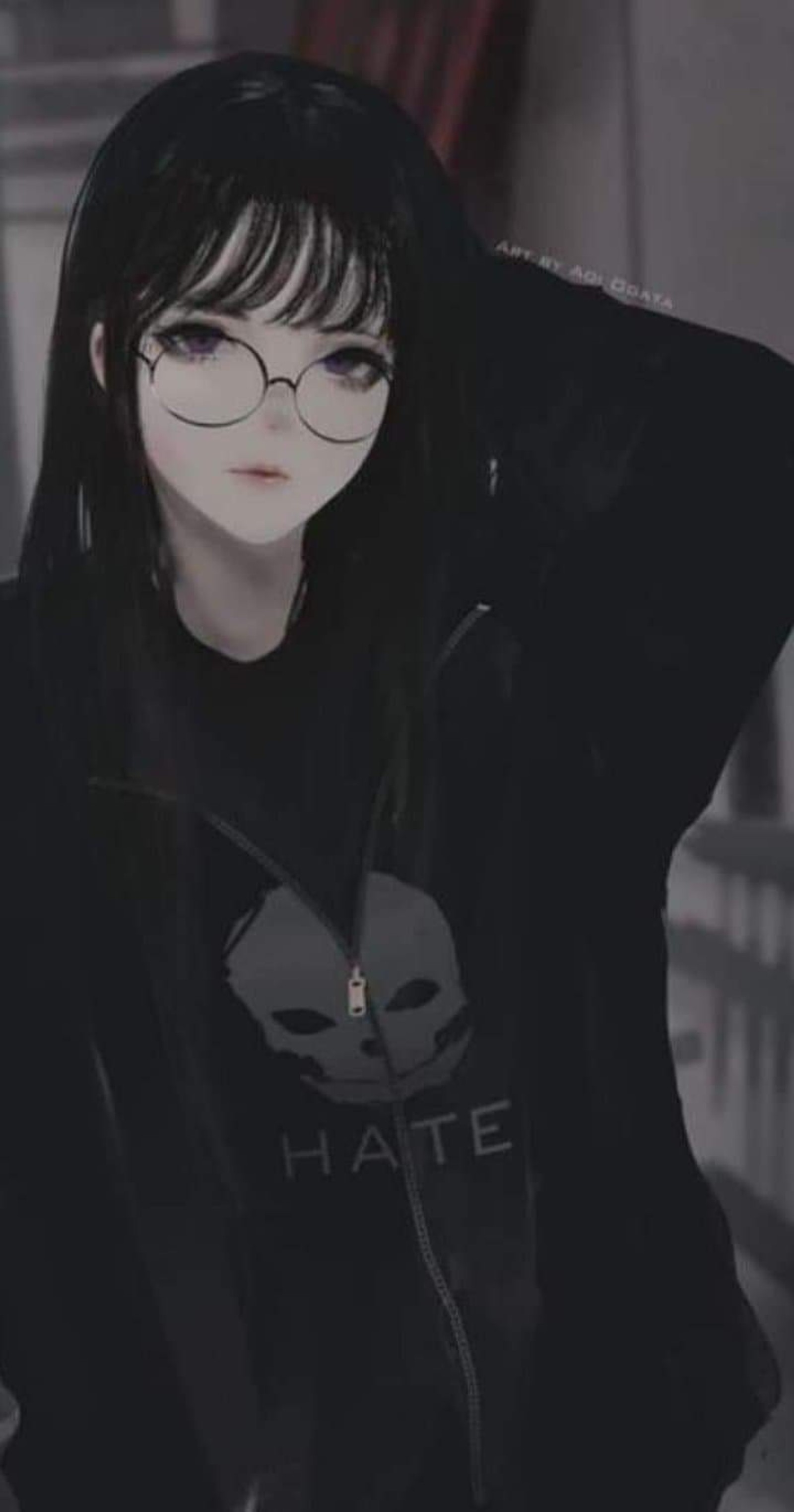 Un primer plano de una persona con gafas y una sudadera negra (anime, arte, oc)