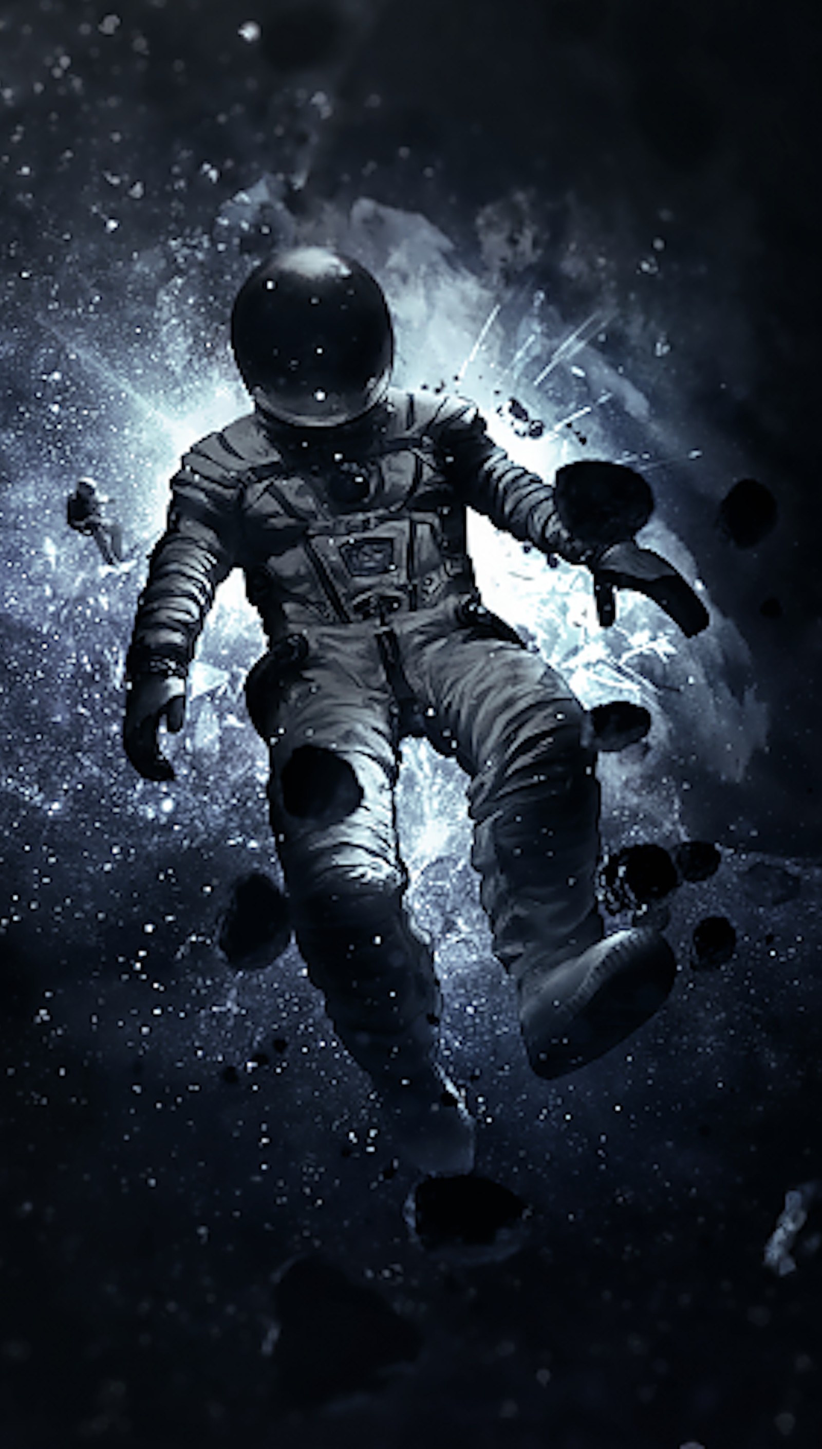 An astronaut floating in the air with a black background (m m, vg)