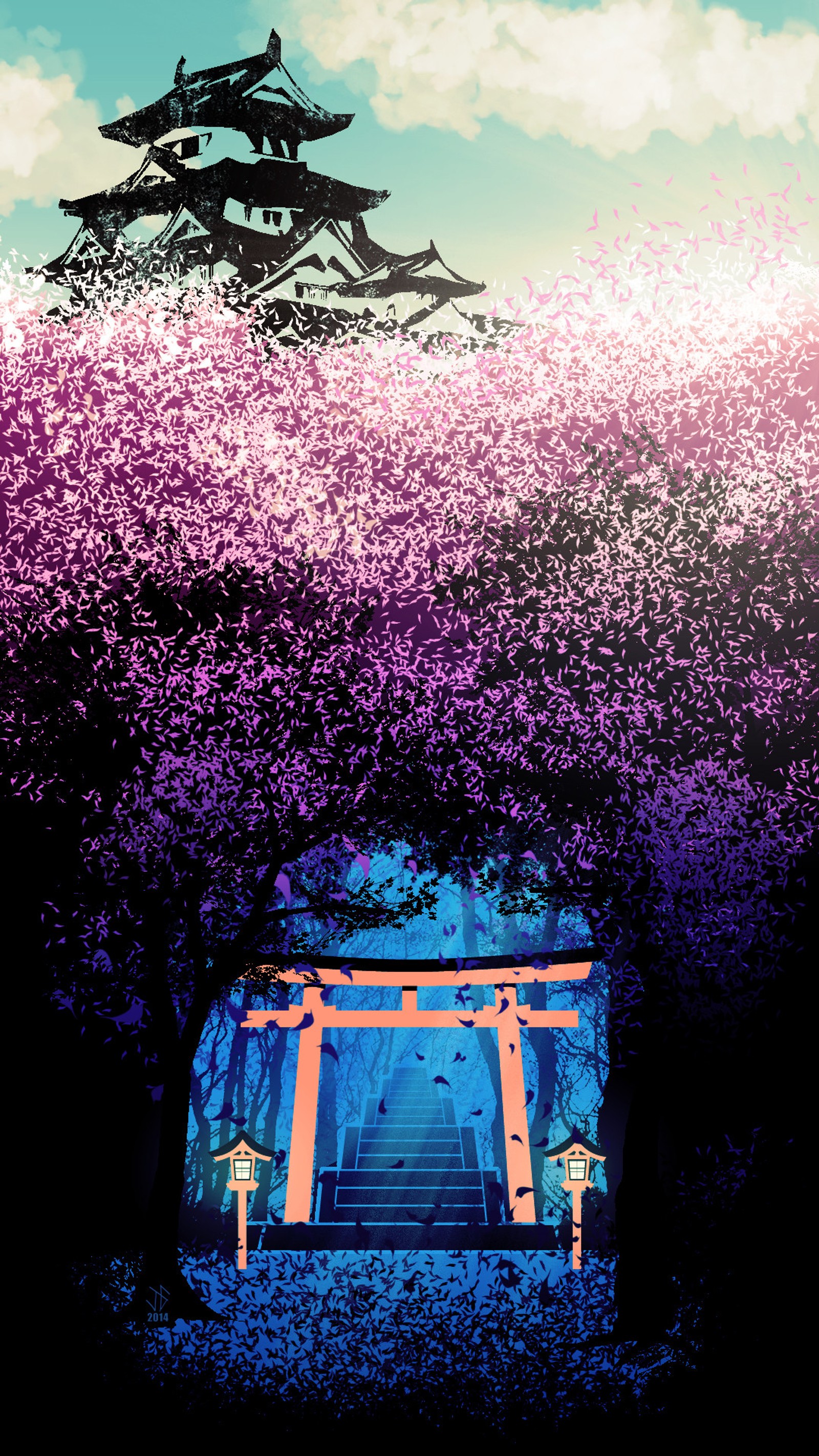 Il y a une image d'un temple japonais avec un arbre rose (art, coloré, japonais, nature, oriental)