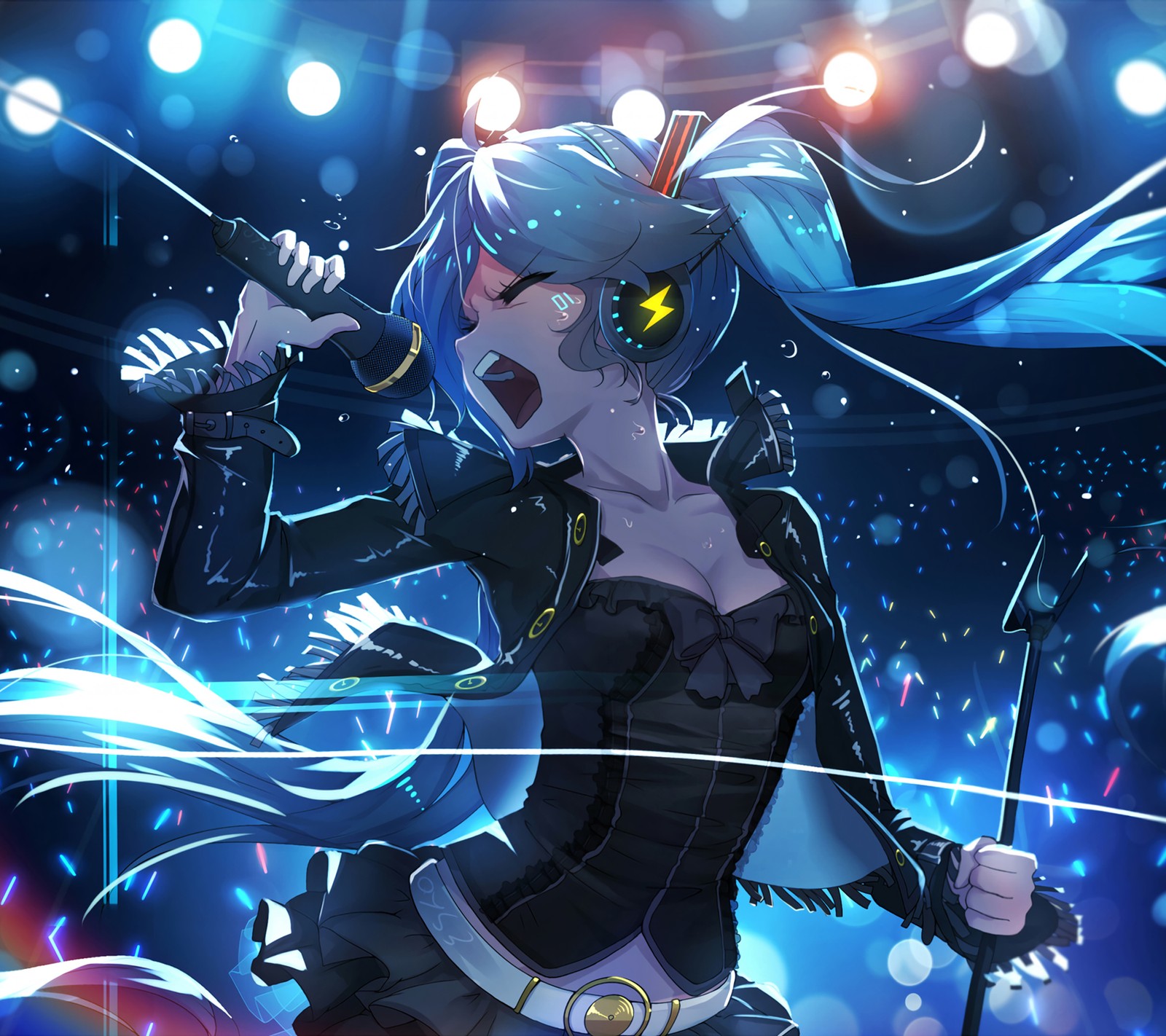 A close up of a person holding a microphone in a stage (hatsune, miku, vocaloid)