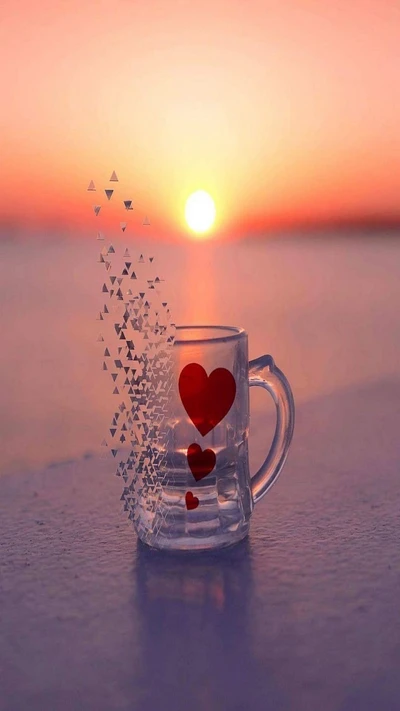 cup, hearts, love, sunset