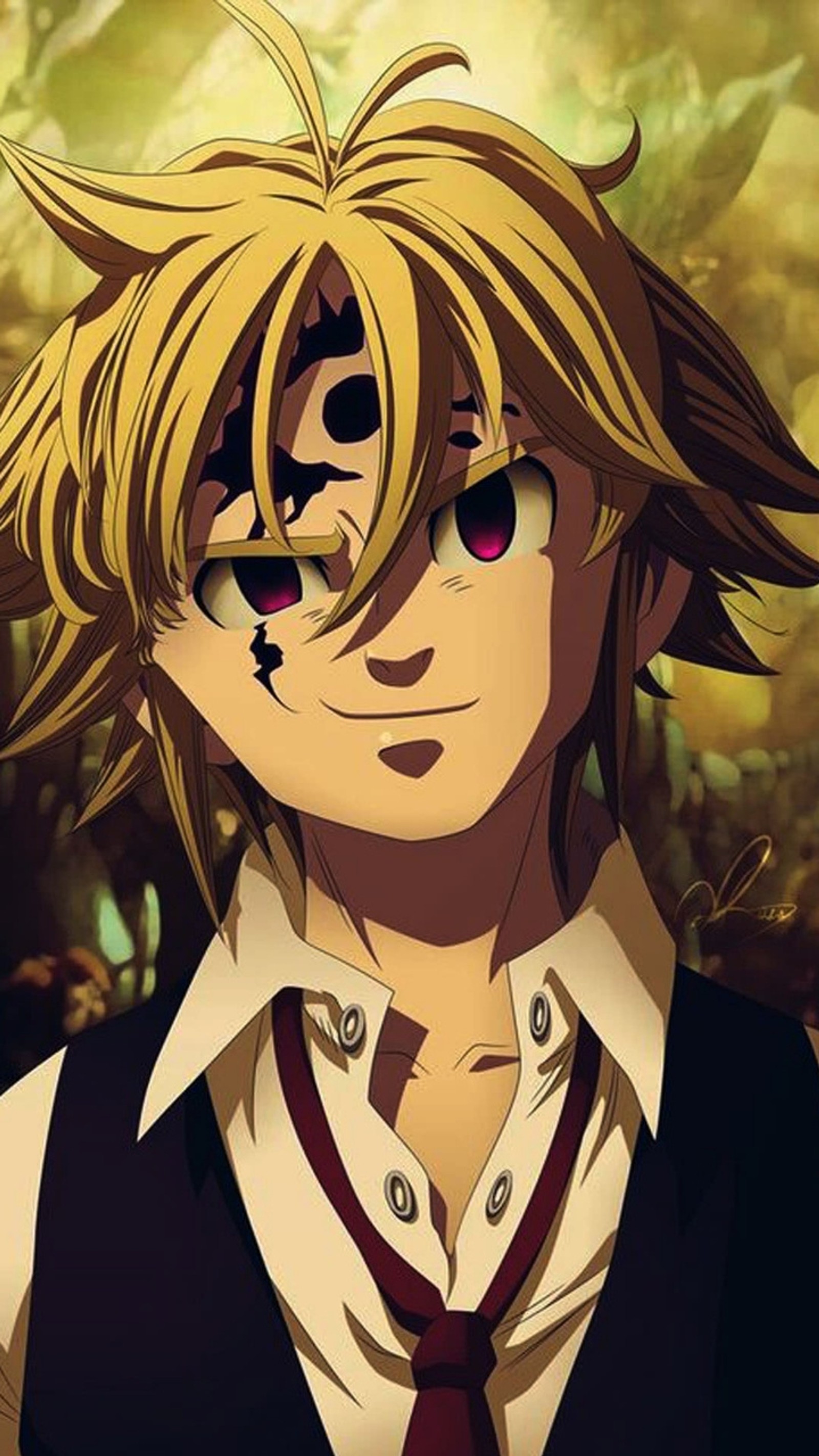 Personaje de anime con cabello rubio y ojos negros en un bosque (anime, capitán, nanatsu no taizai)