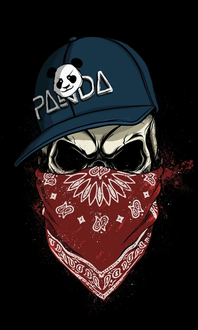 Caveira com boné de panda e bandana vermelha