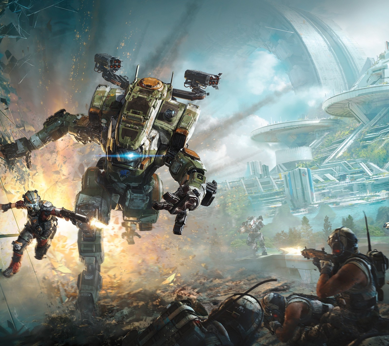 A group of people in a futuristic setting with a giant robot (ea, microsoft, playstation, titanfall, xbox)