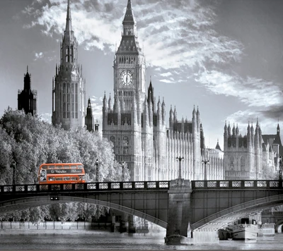 O icônico Big Ben e a ponte de Londres em monocromático