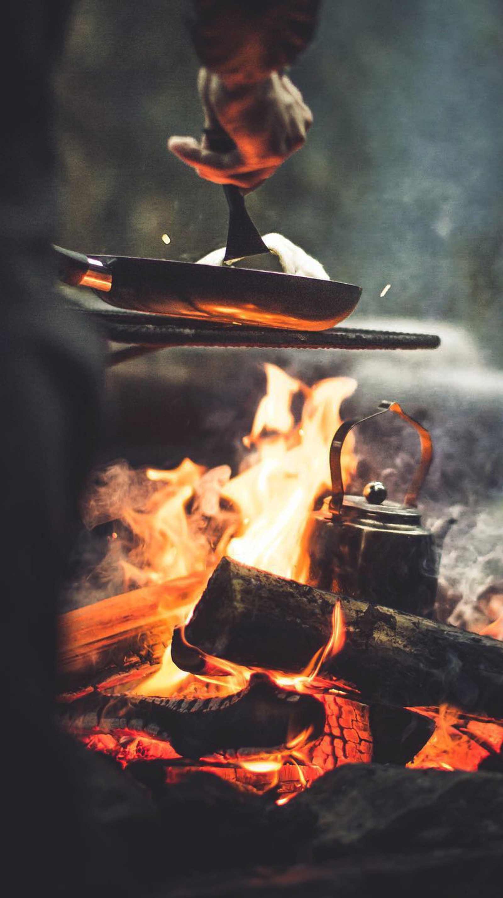 Alguien está cocinando comida sobre una fogata con una tetera (campamento, fuego, paisaje, vida, montaña)