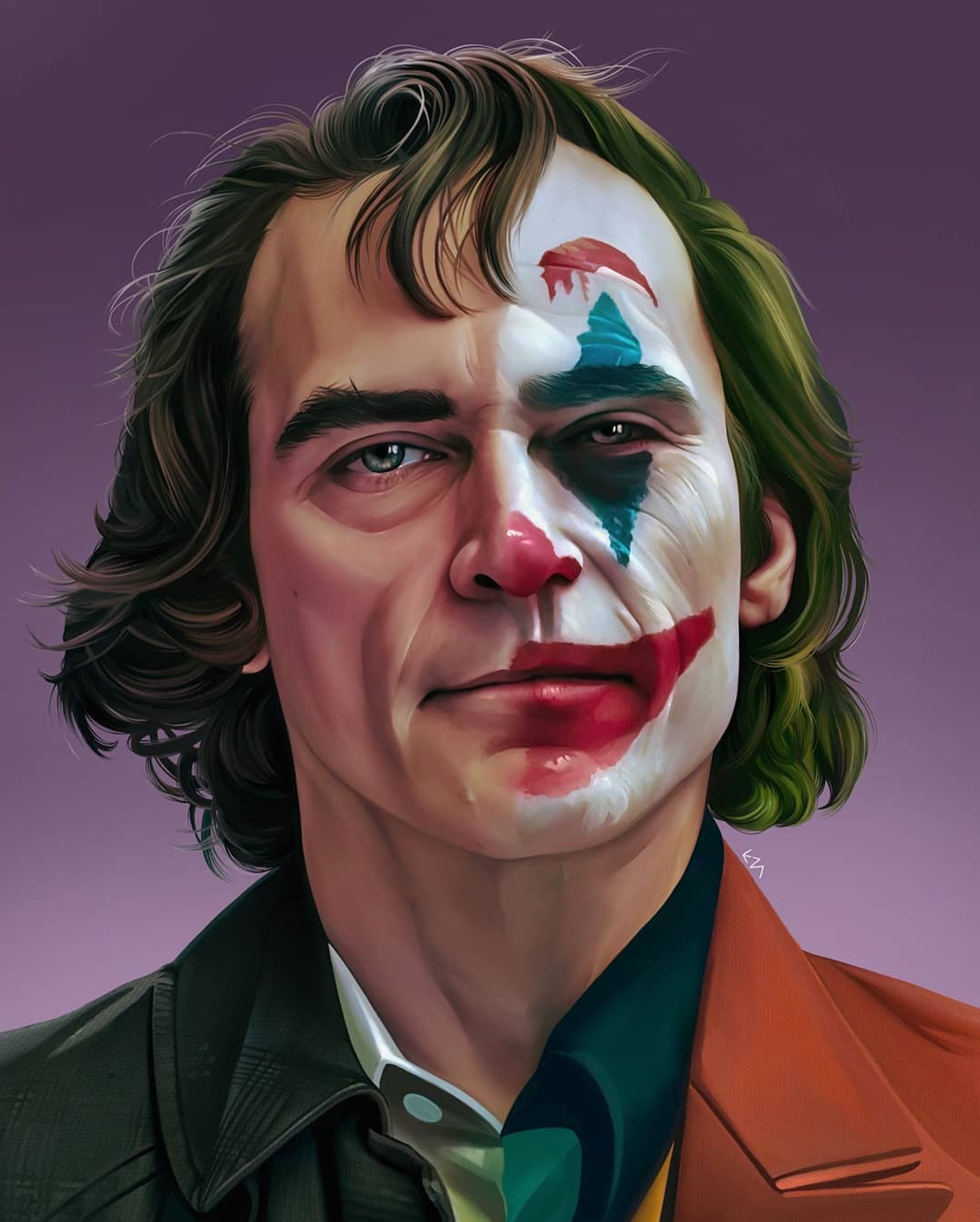 Nahaufnahme eines mannes mit einem clownsgesicht auf seinem gesicht (batman, heath ledger, joaquin phoenix, joker, joker 2020)