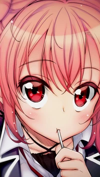 Yui from "Yahari Ore no Seishun" with playful expression and vibrant pink hair.