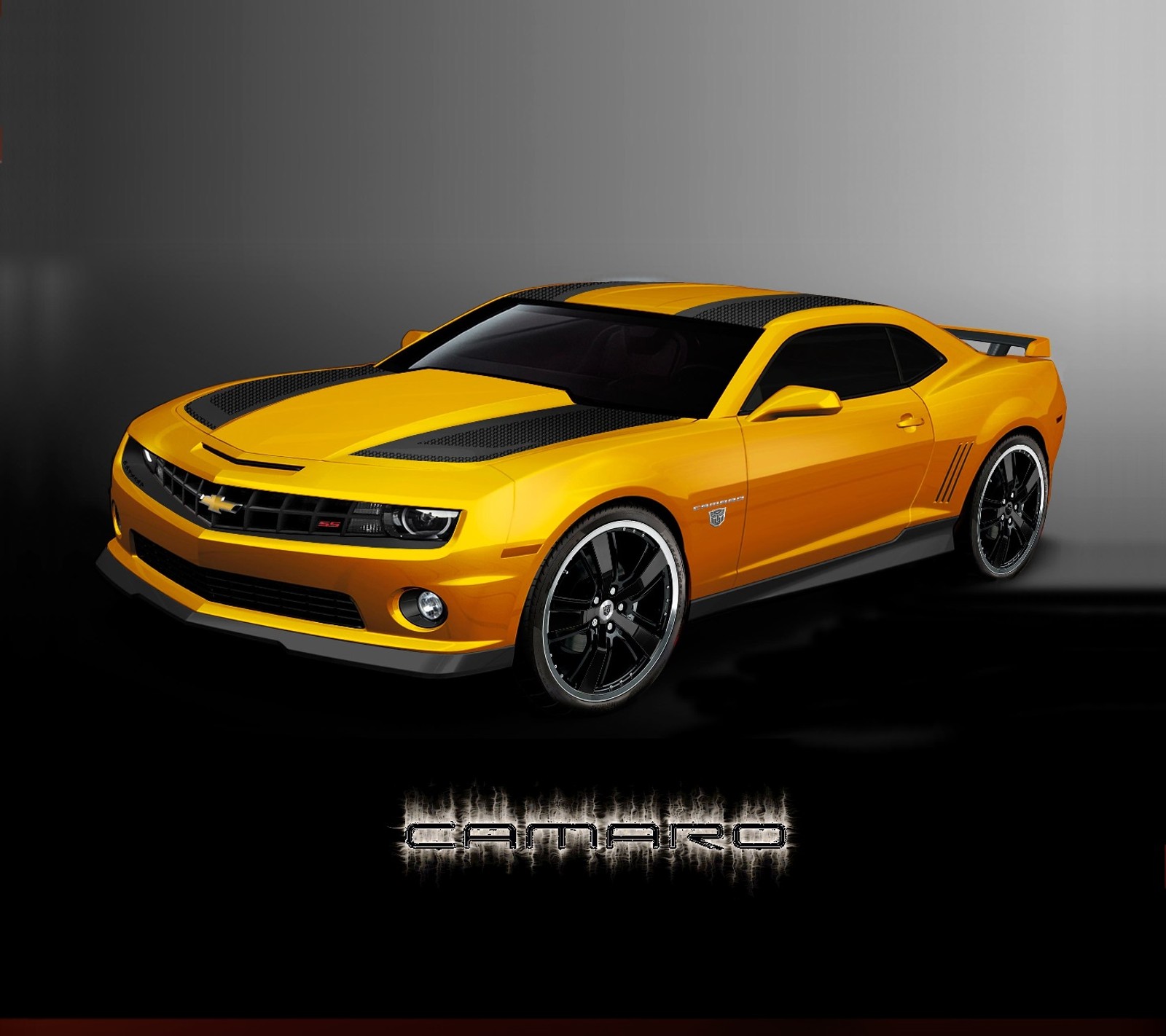 A close up of a yellow car with a black stripe (camaro, car, chevy, orange, sports cars)