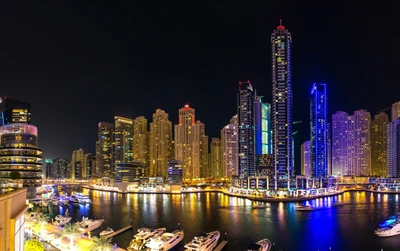 marina de dubai, noite, cidade, paisagem urbana, metrópole