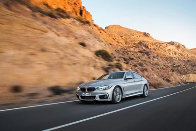 Coupé dinámico de BMW Serie 3 en una carretera abierta, mostrando rendimiento y lujo contra un impresionante telón de fondo natural.