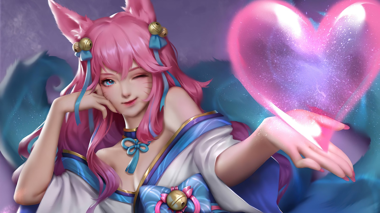 ahri, charm, spirit blossom, lol, video game wallpaper