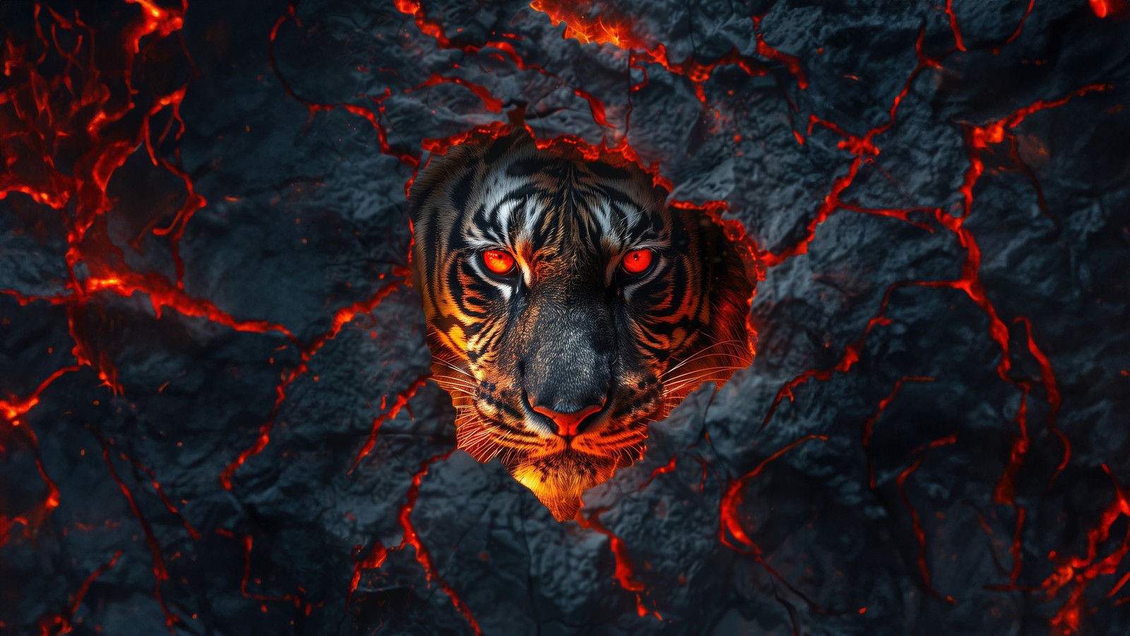 Un tigre con ojos rojos está rodeado de lava (fuego, cara de tigre, lava, primer plano, estética oscura)