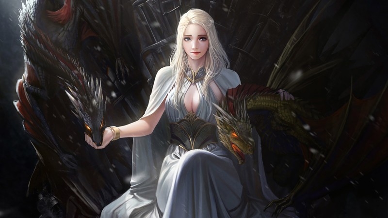 Женщина, сидящая на троне с мечом в руке (дейенерис таргариен, daenerys targaryen, эмилия кларк, emilia clarke, дракон)