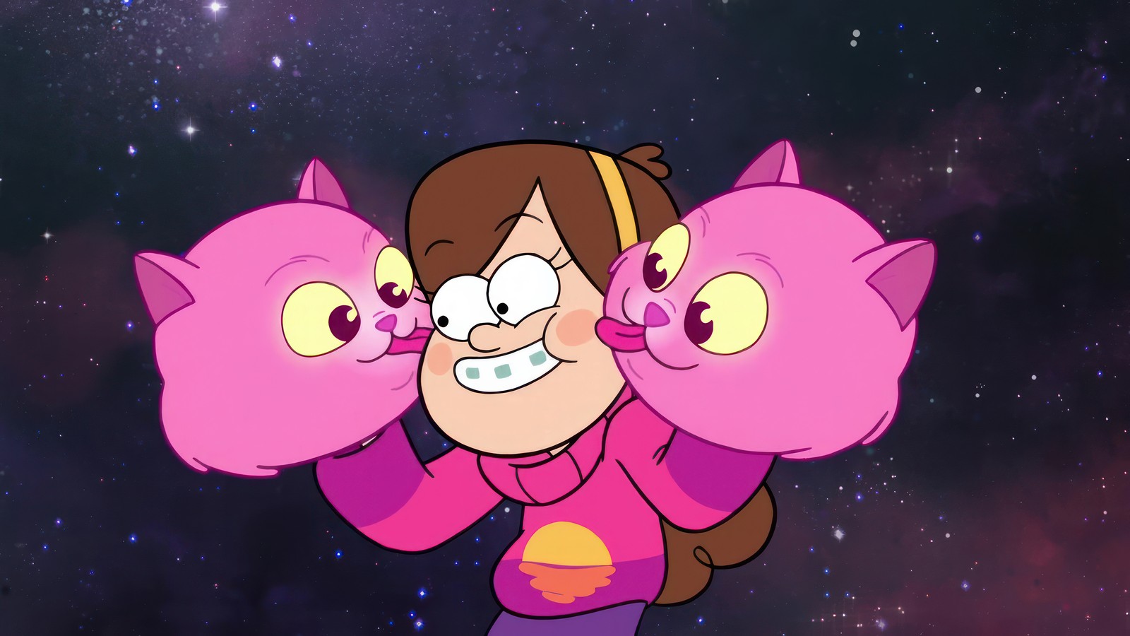 Un primer plano de un personaje de dibujos animados sosteniendo tres gatos rosas (mabel pines, gravity falls, series de televisión, caricatura)