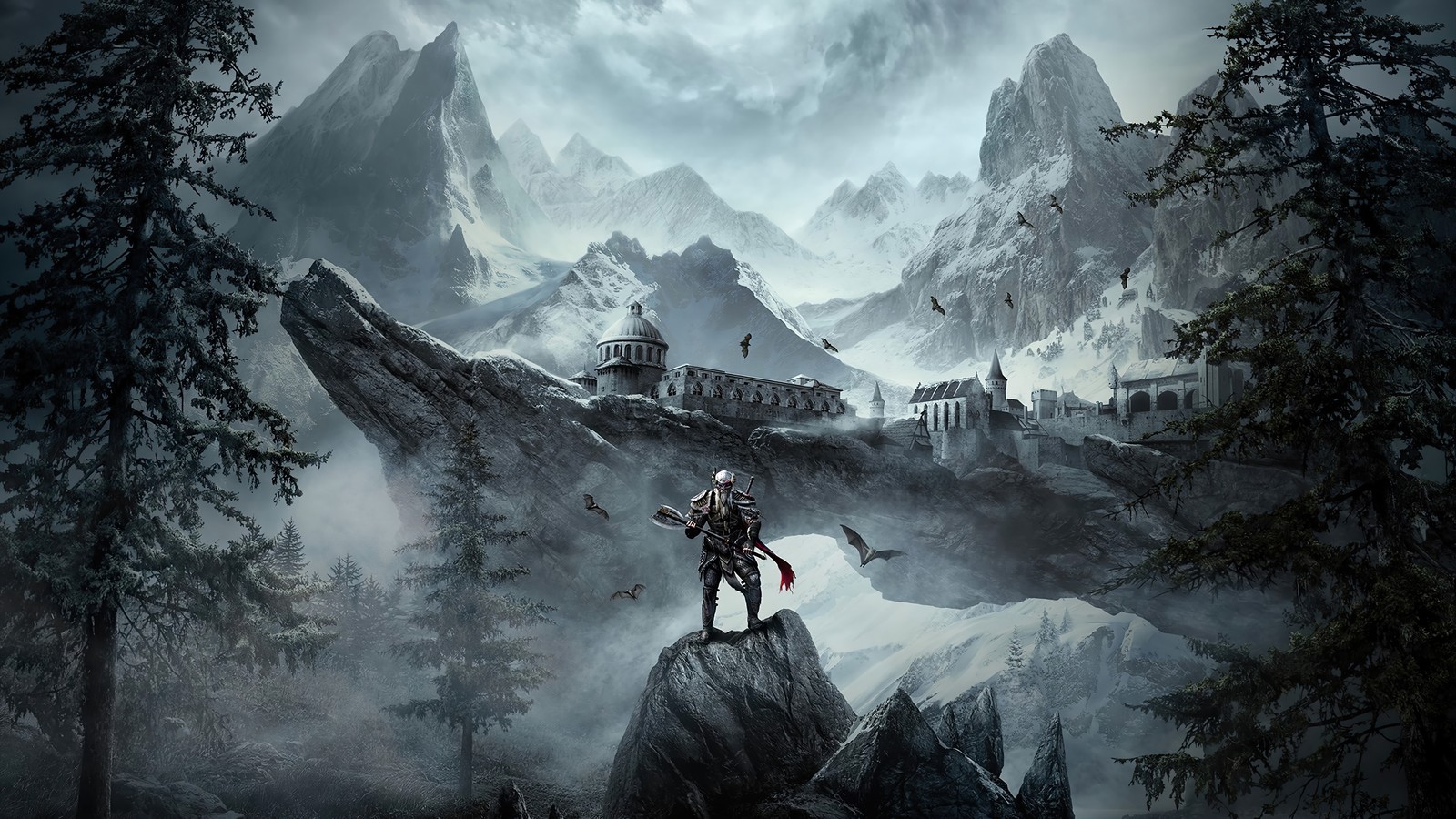 A man standing on top of a mountain with a sword (the elder scrolls online, greymoor, video game, fantasy, scenery)