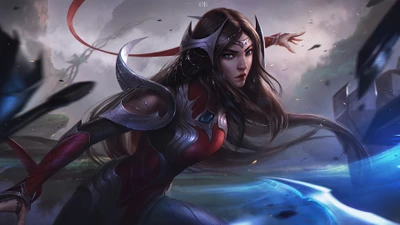 Irelia from League of Legends in an action pose, exuding strength and elegance against a dramatic backdrop.