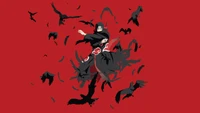 Itachi Uchiha: Ilustración de anime minimalista con cuervos sobre fondo rojo