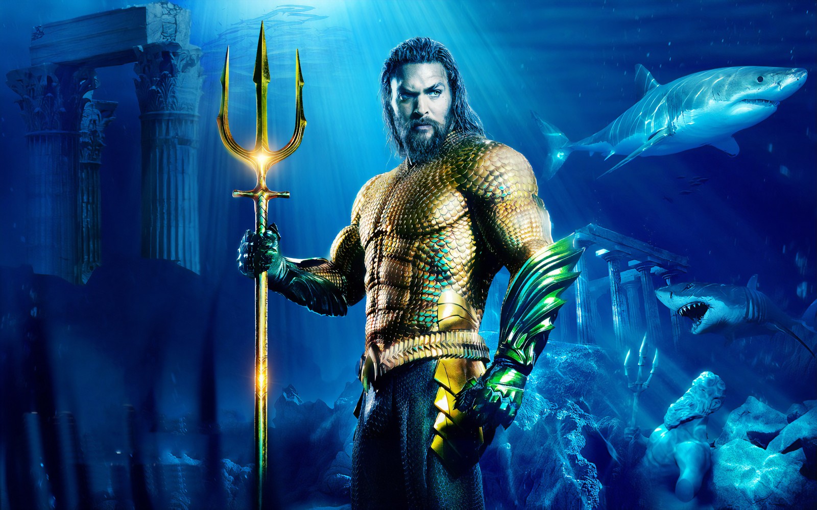 Aquaman se tenant devant un grand aquarium avec des requins (aquaman, compositage numérique, jeux, illustration, personnage fictif)