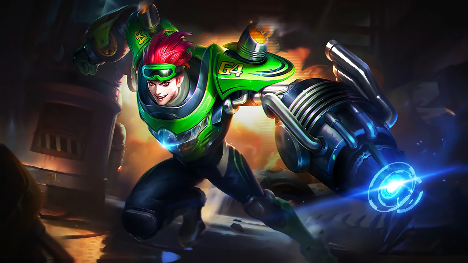 Un primer plano de una persona con cabello verde y rojo (x borg, moto drifter, piel, mobile legends, bang bang)