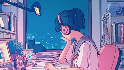 Estudando tarde da noite: Uma cena de Lofi Anime