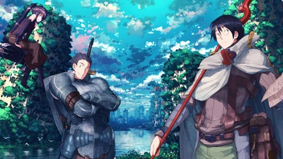 Aventuriers dans un paysage fantastique luxuriant : Shiroe, Naotsugu et Akatsuki de Log Horizon