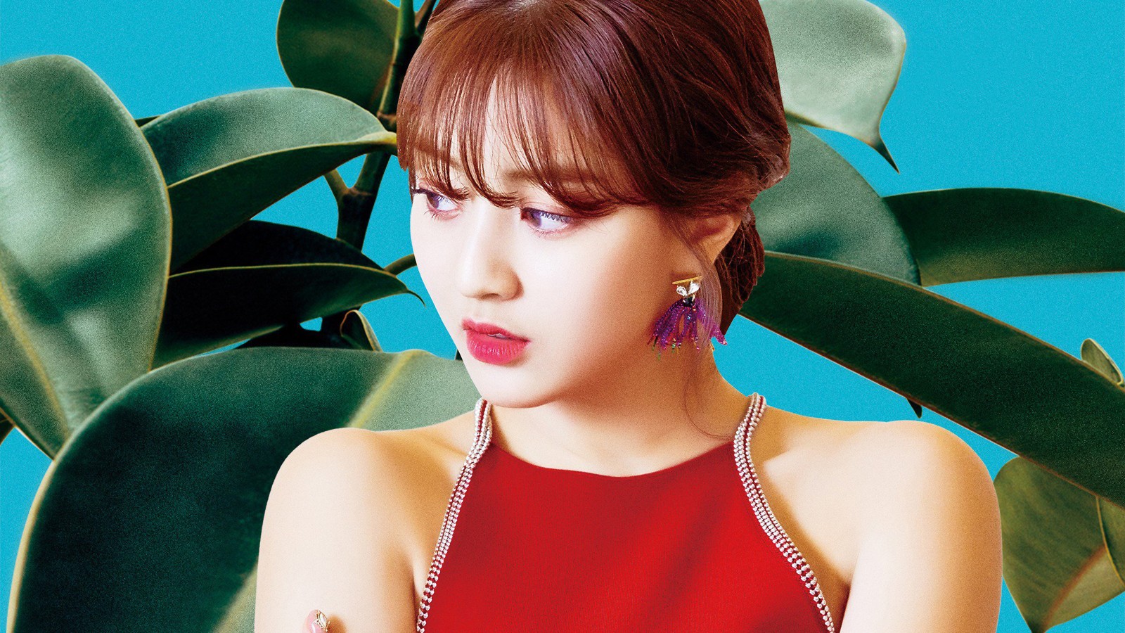 Primer plano de una mujer con un vestido rojo y una planta de fondo (dos veces, kpop, chicas, elegante para ti, jihyo)