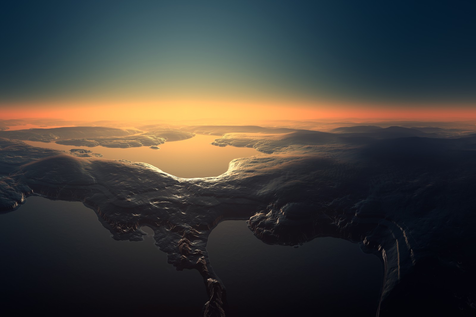 A view of a lake and mountains from a plane (macbook, horizon, atmosphere, sunset, sunrise)