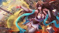 Irelia empunhando a Espada Divina, cercada por lâminas etéreas e uma aura vibrante, pronta para a batalha.