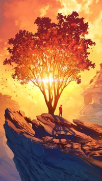 Surreal Landscape of a Vibrant Tree Illuminated by a Golden Afterglow